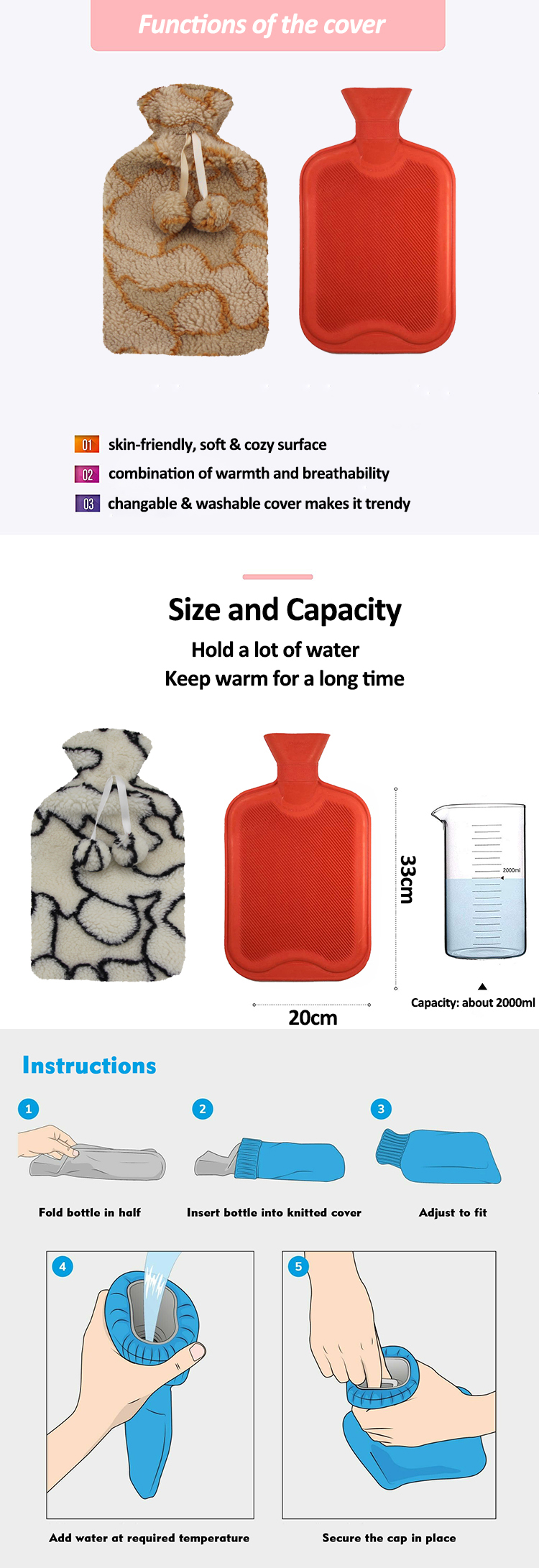 2l medical natural rubber hot water bag with faux fur hot water bottle covers