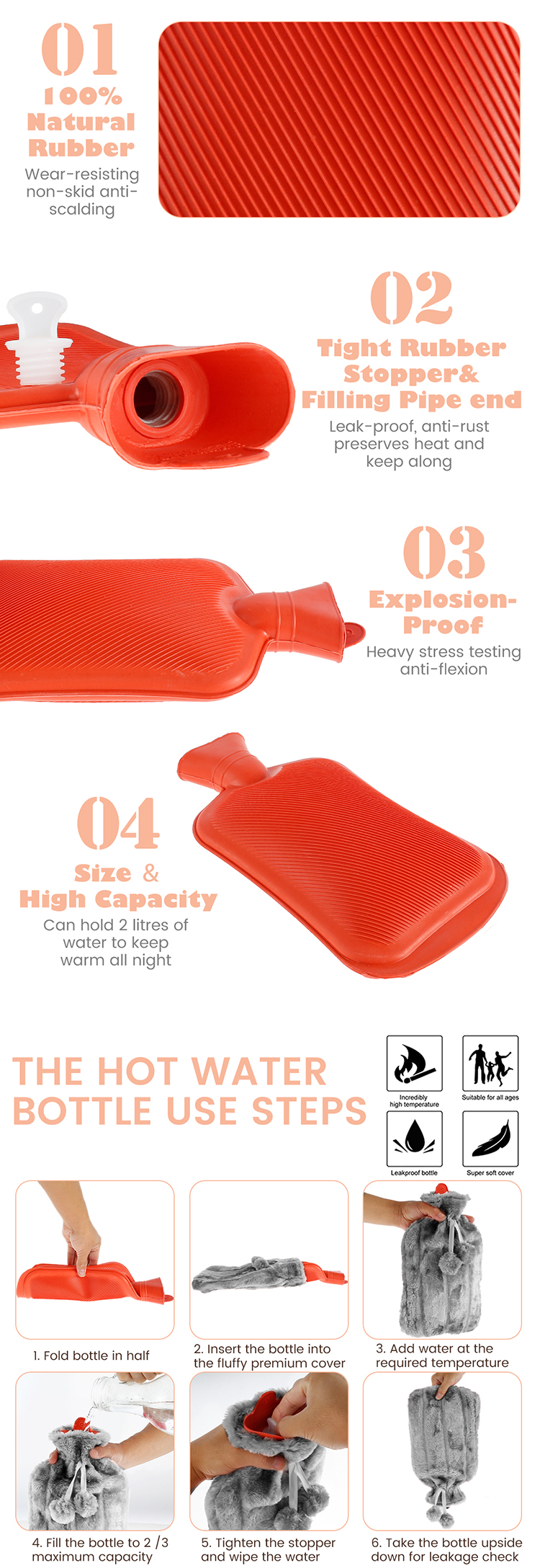 2l medical natural rubber hot water bag with faux fur hot water bottle covers